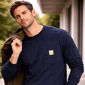 Carhartt Loose Fit Heavyweight Long Sleeve Pocket T-Shirt – Navy – Size Small